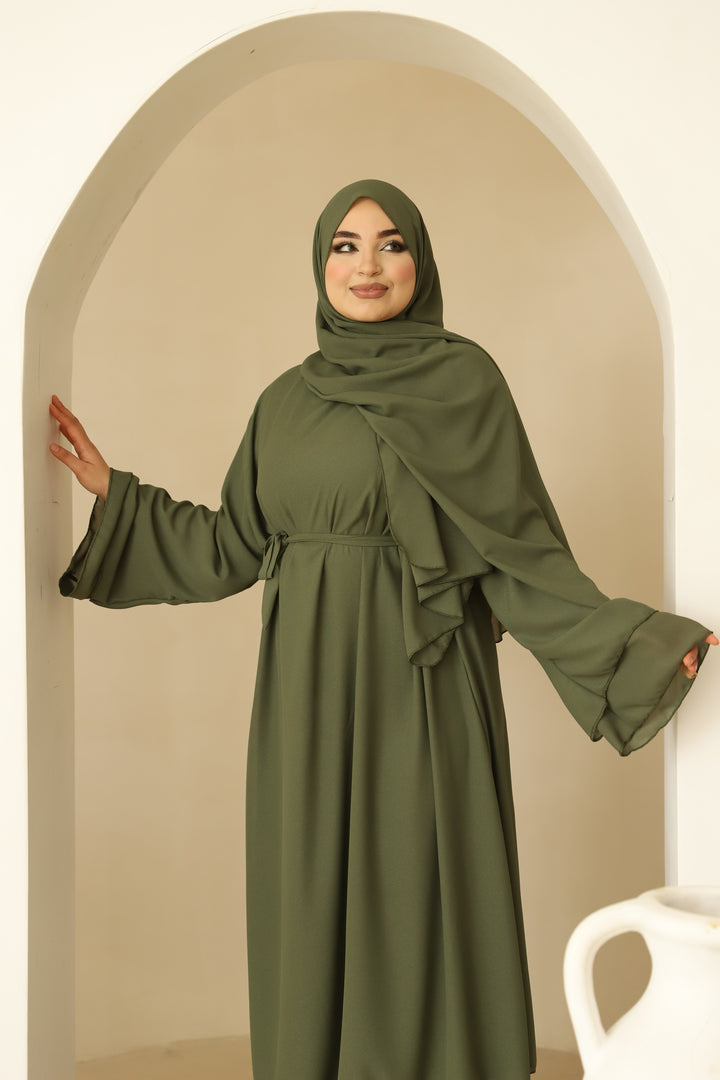 Eleen Abaya mit Raffungen und integriertem Hijab in Khaki