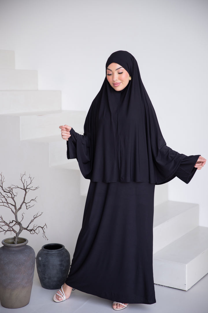 Talyaa Premium Jersey Abaya Set in Schwarz