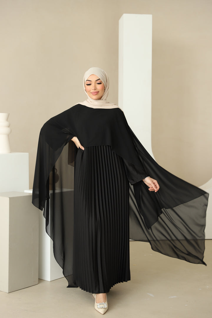 Dunya Plissee Abaya mit Cape in Schwarz