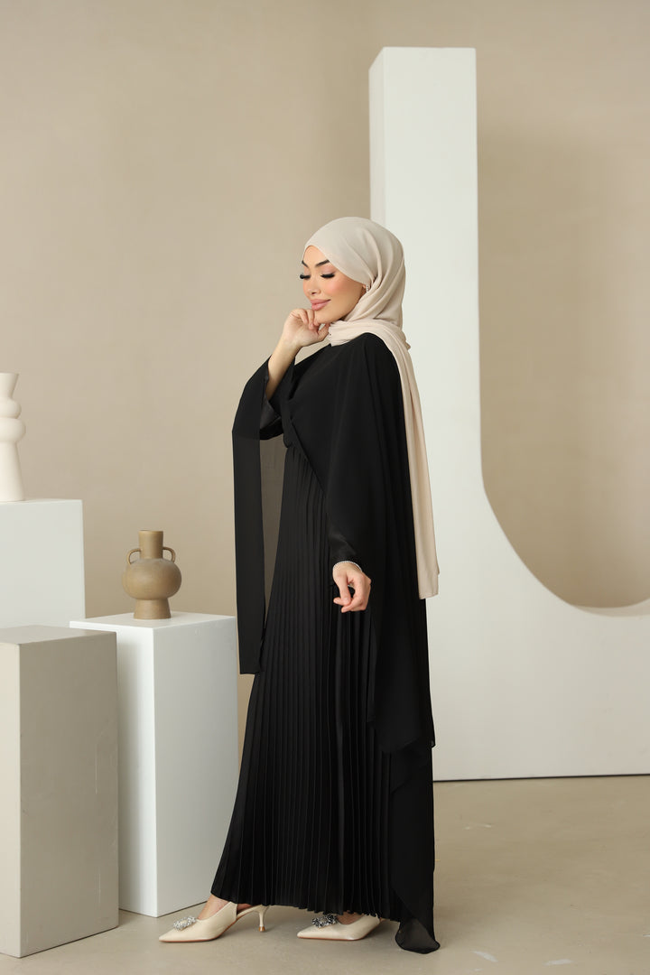 Dunya Plissee Abaya mit Cape in Schwarz